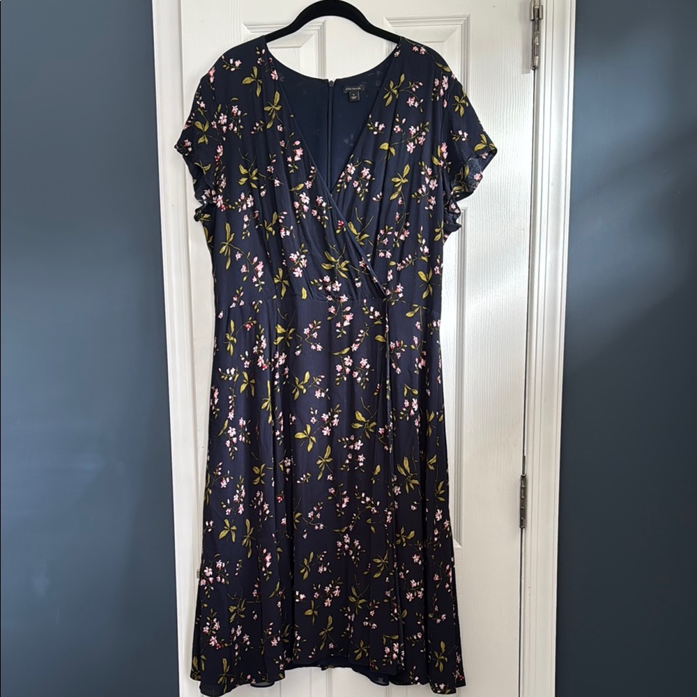 Ann Taylor Navy Floral Midi Sundress with Flutter Sleeves